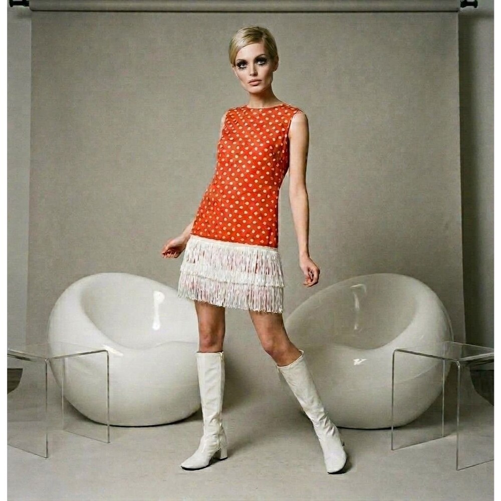 Vtg 60s does 20s Flapper Mod Shift Dress Orange Polka Dot Fringe Dance Theater S